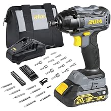 RIDA Cordless Brushless Impact Driver 180N.m, 20V Electric Impact Drill/Driver Set 1/4" All-Metal Hex Chuck,Variable Speed 2.0Ah Battery & Fast Charger, 25 Pcs S2 Bits & Tool Bag for Home DIY Use