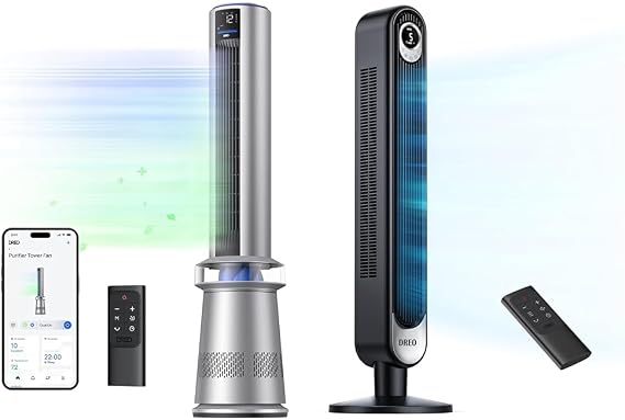 Dreo Air Purifier Tower Fan 45" 2-in-1 Smart Fan for Bedroom and 42" Cruiser Pro T1 Quiet Oscillating Bladeless Fan with Remote