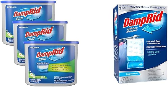 DampRid Fresh Scent Disposable Moisture Absorber, 10.5 oz, 3 Pack Attracts & Traps Excess Moisture, Eliminates Musty Odors & Fragrance Free Hanging Moisture Absorber, 16 oz, 3 Pack