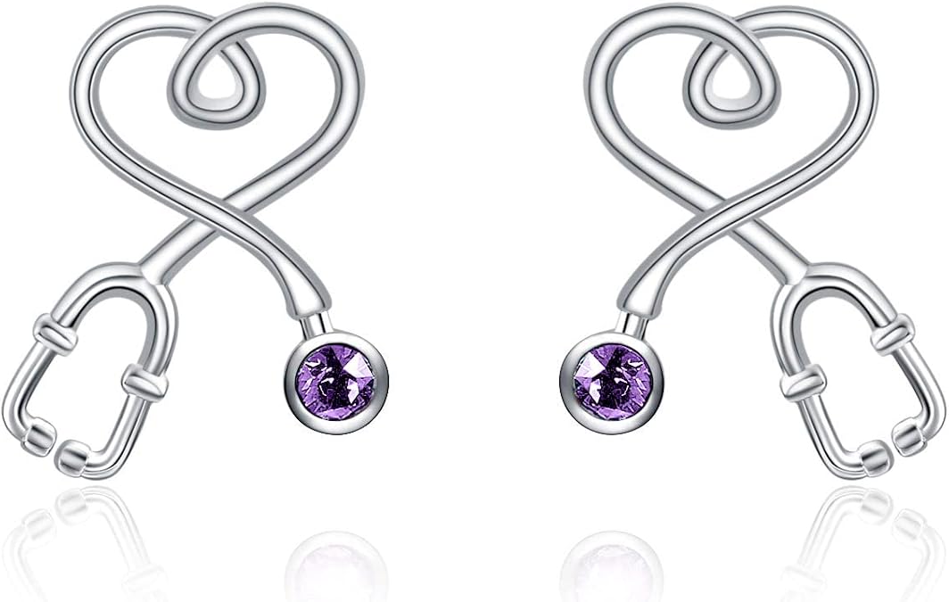 Stethoscope Earrings 925 Sterling Silver Heart Studs Earrings 12 Months Birthstone Crystals from Austria, Graduation Jewelry Gifts for Nurse Doctor RN Medical Student