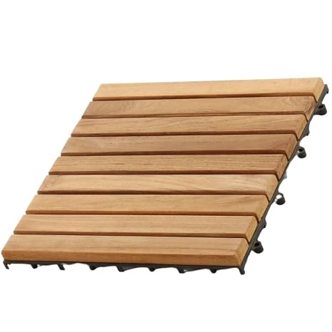 Nordic Style Teak Wood Interlocking Tiles - Wooden Tile Floor Set for Indoor and Outdoor Use - Perfect for Sauna, Patio, Deck, Spa Floors - 10 Square Feet (12" x 12" - 9 Slat Design, Natural Finish)