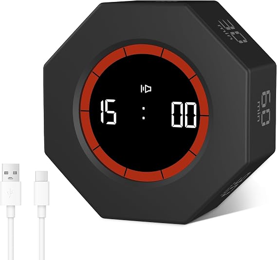Cuteefun Rotating Cube Timer, Octagon Pomodoro Timer Desk, Black | Countdown & Countup, 1/3/5/15/30/60/90 Mins, Adjustable Sound, Gravity Sensor, Productivity Timer for Kitchen, Study, Meetin