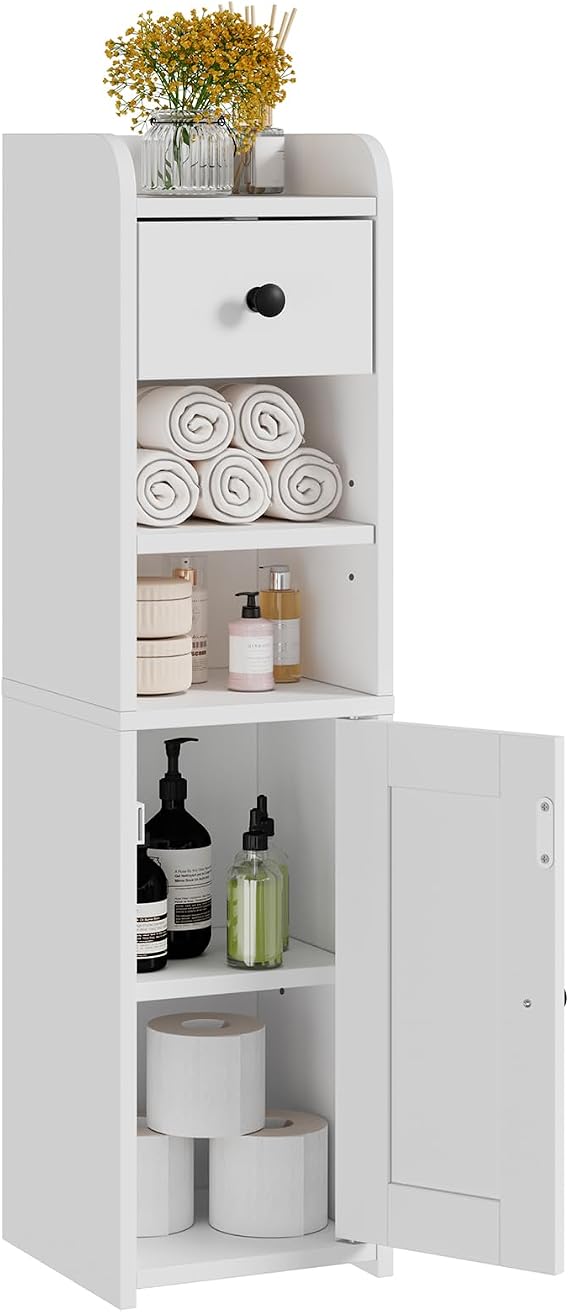 Lomojo Small Bathroom Storage Cabinet with Drawer,7.75L*7.75D*29.6H (White) | Narrow Toilet Paper Holder, Corner Floor with Doors for Small Space, Adjustable Shelf Organizer