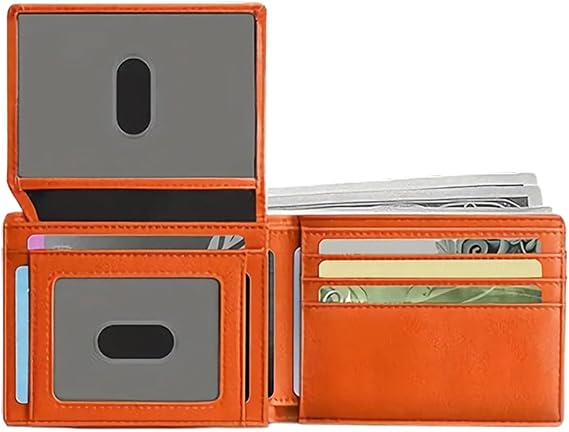 Carbon Fiber 14-Slot Men's Slim Wallet Bifold Card Holder with ID Window | Thin Front Pocket Minimalist Wallet for Men (Orange)