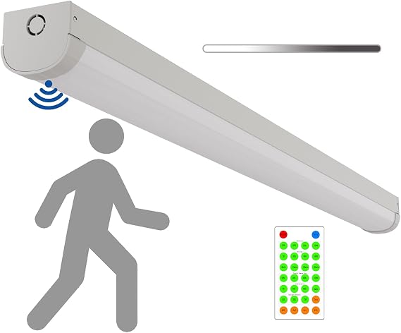 4FT Tri-Level Motion Sensor LED Linear Strip Stairwell Light with Remote, 2 Watt Selectable 20W/40W 2500lm/5000lm, 5000K, 100-277V, IP20, Dimmable 4 Foot Commercial LED Shop Ceiling Light Fixture, FCC