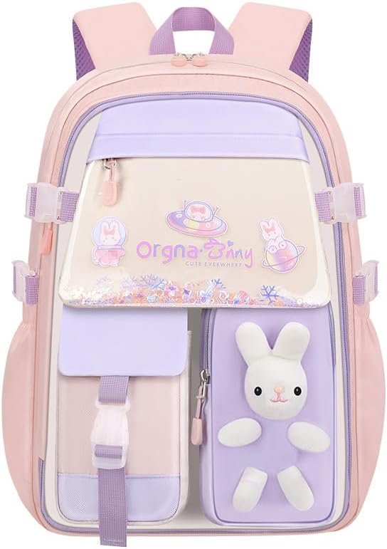 Kids Backpack for Girls, Lightweight Waterproof Cute Bunny Backpack for School, Adorable Design for Kindergarten Elementary School Kids Students Girls Backpack with Safety Whistle (Rabbit Purple Pink)