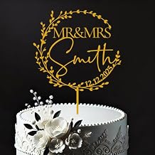 Custom Wedding Cake Topper - Personalized Mr Mrs Cake Toppers - Wood/Acrylic - Silver/Gold/Rose Gold Color Options - Elegant Wreath Design, Gift for Wedding, Anniversary, Engagements, Christmas