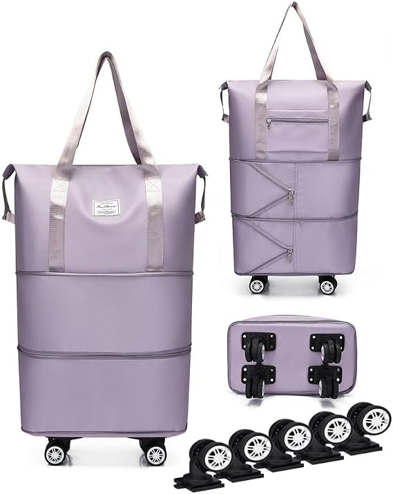 Expandable Foldable Duffel Bag with Detachable Wheels, 64L Large Capacity Rolling Travel Duffle Bag, Lightweight Carry on Luggage with Spinner Wheels, Weekend Gym Tote Bag (Light Purple)