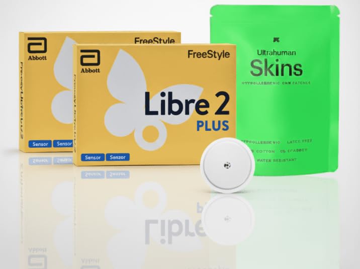 Abbott Freestyle Libre 2 PLUS Sensor pack of 2 for diabetes monitoring CGM for UK, White, plus FREE Arrowedge alcohol wipes and ULTRAHUMAN water proof CGM patches 2