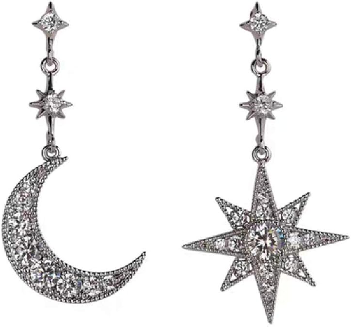 KaFu Gold Moon Star Asymmetrical Drop Earrings Sliver Sun Crystal Dangle Earrings with Rhinestone For Women Girls