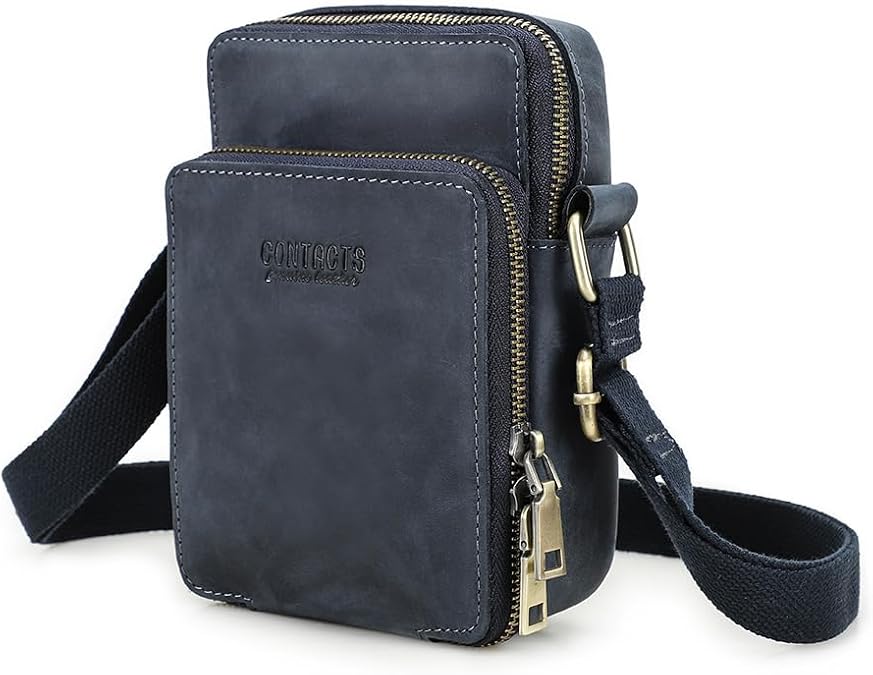 Hiram Authentic Leather Vintage Style Smartphone Bag for 6.7-inch Phones - Adjustable Strap, Top-Grain Leather (Blue)