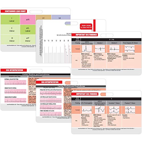 EKG Horizontal Badge 6 Card Set, ECG Telemetry Cards with EKG Ruler, Electrocardiogram Rhythm Interpretations, Common Cardiac Findings, STEMI Leads, 12 Lead EKG Placement Bonus Cheat Sheets