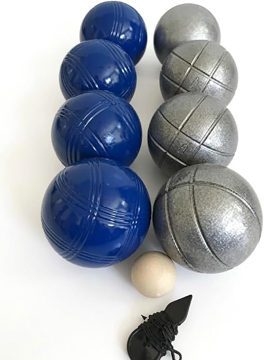 BuyBocceBalls Listing -73mm Metal Bocce and Petanque 8 Ball Set with 4 Striped Grind Sand and 4 Blue Balls and Blue Bag