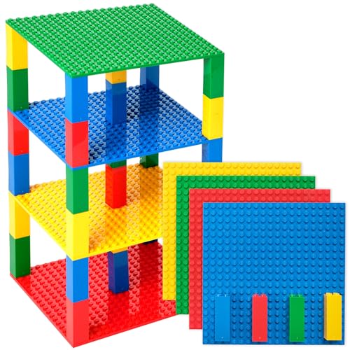 Strictly Briks Stackable Baseplates - Compatible with Lego, 6 x 6 in Baseplates for Buildling Blocks, Display Tower, Expand Vertical Builds, 4 Baseplates & 30 Stackers, Kids Gift, Multicolor