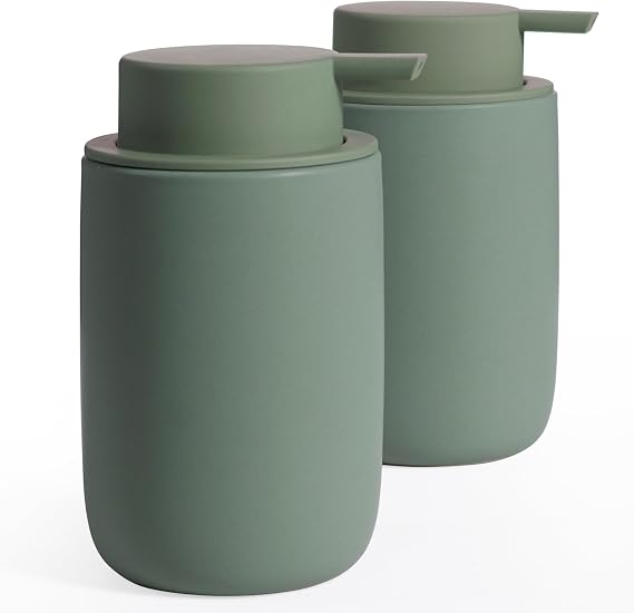 Ceramic Soap Dispenser Set of 2, 12oz Refillable Hand & Dish Soap Pump Bottles with 8 Clear Labels, Modern Liquid Soap Dispenser for Kitchen Sink or Bathroom, Matte Green