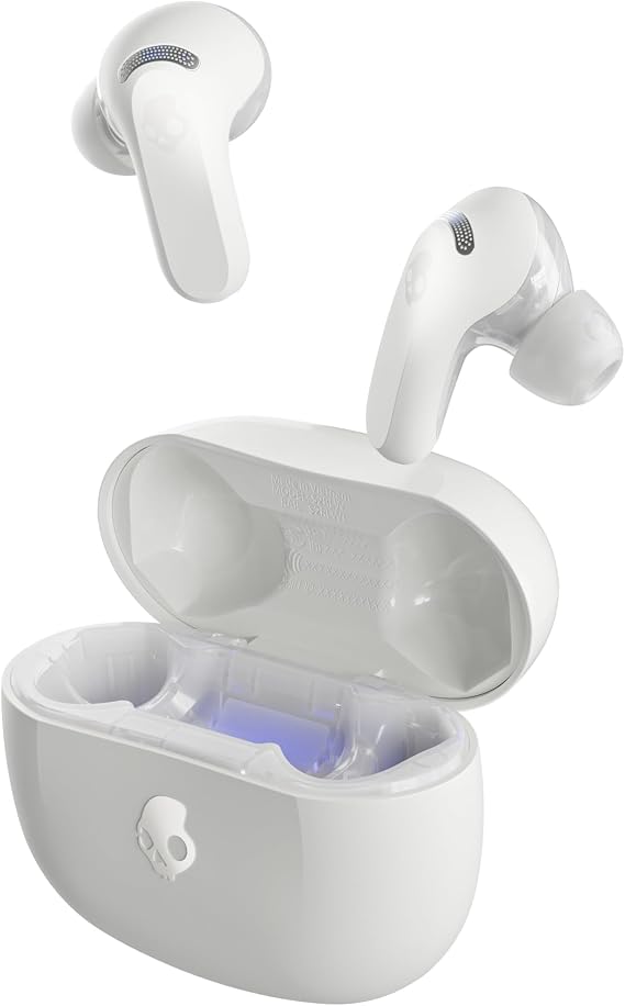 Skullcandy Rail ANC Active Noise Cancelling Wireless Earbuds - Bone/Orange | In-Ear, Bluetooth Headphones, Noise Cancellation, 38 Hours Battery, Microphone for iPhone Android, Customizable Sound