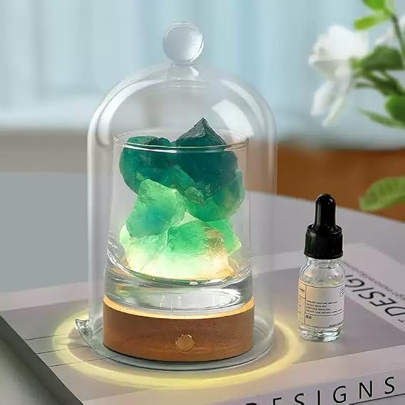 2 in 1 Himalayan Salt Lamp and Ultrasonic Essential Oil Diffuser, Fire Free Aromatherapy Light with 2 Essential Oils, Aromatherapy, 3 Colors USB Rechargeable with Dust Glass Cover (Green Crystal)