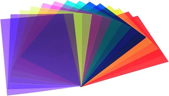 Correction Gel Light Filter,12 PCS A4 Coloured Transparent PVC Plastic Sheets Semi-Transparent PP Film for Photography Lighting,Stage Effects,Reading Aid 12 Vibrant Colors 29.7x21CM