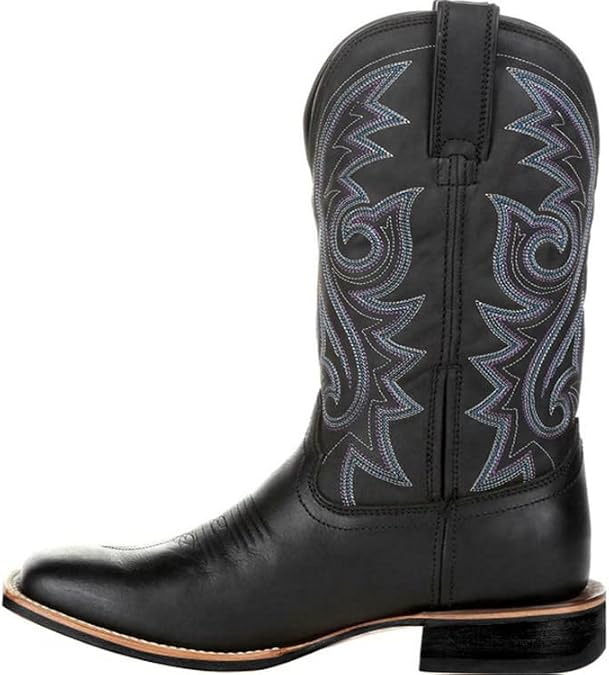 Western Work Boots For Men Square Toe Leather Lightweight Boots Pull On Mid Calf Men'S Cowboy Boots