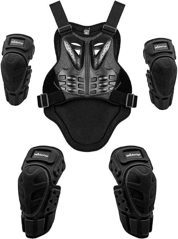 Webetop Adults Armor Vest Size L + Dirt Bike Knee Pads Shin Guards+ Elbow Pads Youths Protective Gear Set 6pc (Black)