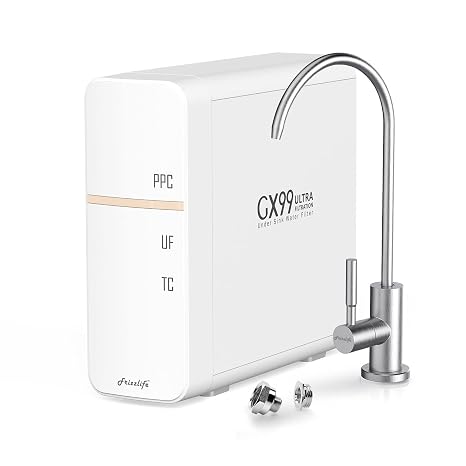 Frizzlife GX99 0.01m Ultra Filtration Under Sink Water Filter System, Reduce 99.99% Lead, Chlorine, Bad Taste & Odor, with Brushed Nickel Dedicated Faucet, No Waste Water, No Power Required, USA Tech