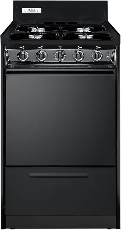 Summit Appliance TNM1107C 20in Wide Gas Range, 4 Open Burners, Electronic Ignition, Recessed Oven Door, Broiler Pan, Push-To-Turn Burner Knobs, Ada Compliant Design, Designed for Natural Gas, Black