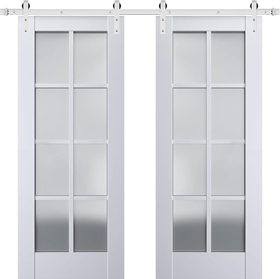 SARTODOORS Sturdy Double Barn Door with Frosted Glass | Veregio 7412 White Silk | 13FT Rail Hangers Heavy Set | Solid Panel Interior Doors-36" x 80" (2 * 18x80)-Silver Rail