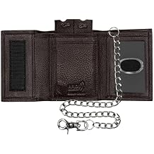 RFID Protection Trifold Chain Wallet for Men Black Pure Leather Wallet Tape Close with Biker Chain & Key Holder (J113TF, Brown)