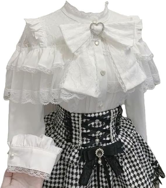 Y2k Kawaii Lolita Lace Patchwork Blouses Women Cute Harajuku SingleBr easted Sweet Shirts Girly Bow Tops