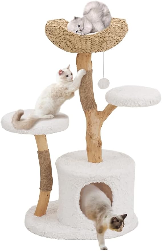 Unipaws Modern Cat Tree Tower for Small and Large Cats, Real Solid Wood