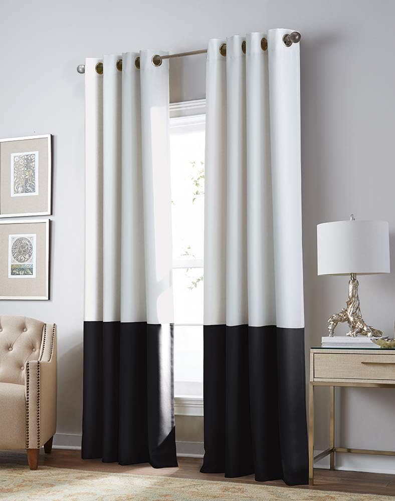 Curtainworks 1Q80660GWT Kendall Color Block Room Darkening Grommet Curtain Panel, 84-inch, WhiteGrey Blackout