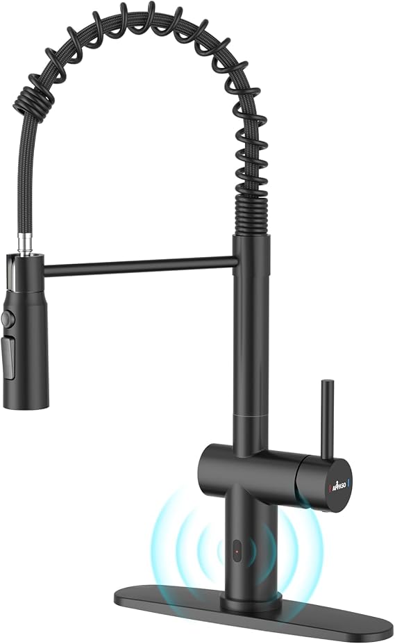 APPASO Matte Black Touchless Kitchen Faucet with 20 Inch Pull Down Sprayer | Lead-free, cUPC Certified, S304 Stainless Steel, with Deck Plate for 1 or 3 Holes, Single Handle, Hands-Free, 360 Swivel