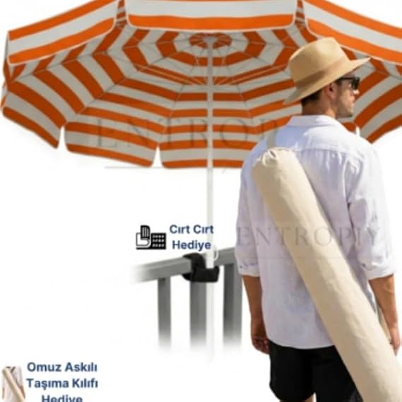 200 cm Plaj Şemsiyesi - Rüzgara Dayanıklı Fiber İskeletli, Taşıma Kılıflı - Balkon/Kamp Sandalyesi İçin Cırt Cırt Hediyeli Deniz Şemsiyesi
