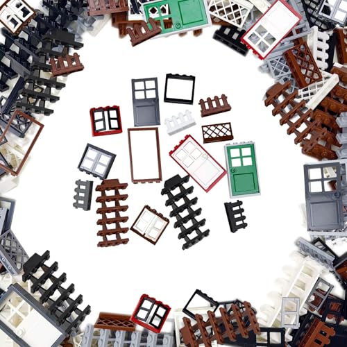 176 Pieces Windows and Doors Set,Building Blocks Accessories,City Garden Bricks Parts Bulk Pieces Compatible with Major Brands,Includes Stairs and Fences