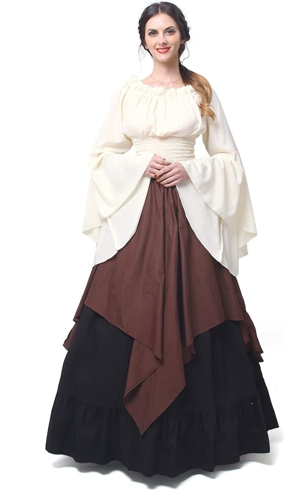 NSPSTT Renaissance Costume Women 2 Piece Medieval Dress Set Bell Sleeve Layered Peasant Outfit for Ren Faire