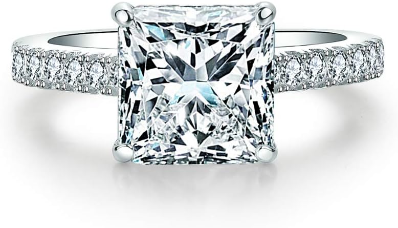 Sterling Silver Classic 3 Ct Princess Accented Solitaire Engagement Ring Square Cut Anniversary Ring