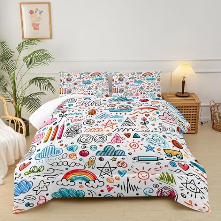 Kids Comforter Sets for Girls Rainbow,Full Size Bedding Set Cute and SoftFluffy Pink Blue and Yellow,Cartoon Quilt,Cartoon Bedroom Decor,1 Comforter 2 Pillow Cases