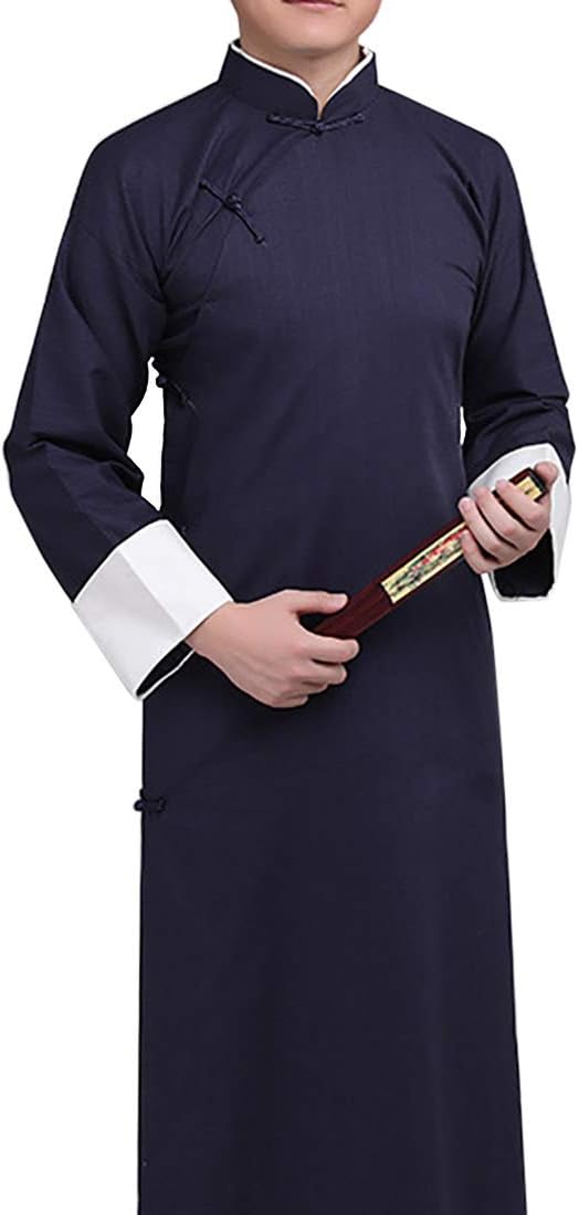 Men's Cotton Linen Kung Fu Suit Chinese Martial Arts Uniform Meditation Suit Roll-Up Sleeve Frog Button Shirt Pants Outfit (Only Robe-Navy, L)