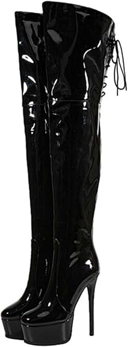 12cm Large Size Thick Bottom Patent Leather Over-the-Knee Boots Round Toe Back Zipper Lace-up Women's Boots