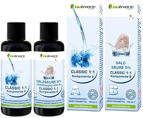 Biotraxx Classic Water Purification 1:1 Set, 1x 100ml Hydrochloric Acid 5%, 1x 100ml Sodium Solution. Made in Germany