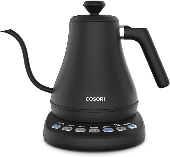Cosori Gooseneck Electric Kettle with Temperature Control, 0.8L, Black | No Plastic Contact with Water, 5 Presets, 60-Min Keep Warm, Pour Over Coffee & Tea, Stainless Steel Interior, 1200W