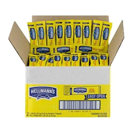 Hellmanns Real Mayonnaise Stick Packets, 0.38 Oz Individual Single Serve Mayo Packets, Bulk Condiments for Meal Prep, Travel, and Food Service, 210 Count Box
