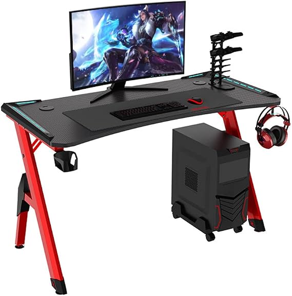 Bestier Gaming Desk with LED Light, Ergonomic PC Gaming Desk Y-Shaped Computer Workstation, Heavy Duty Metal and Wood Computer Desk for Gaming and Offices, Red