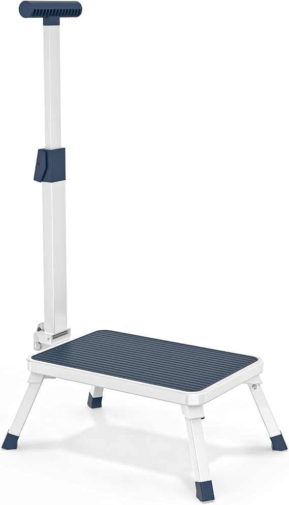 Folding Step Stool, Step Stools with Handle for Elderly Adults | Easy Assmbly, Lightweight Metal Stepping Stool with Adjustable Handrail in Kitchen, Bathroom, Bedroom, 330 Lbs Capacity
