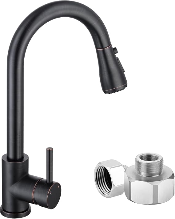 Oil Rubbed Bronze Kitchen Faucet with Pull Down Sprayer, Kitchen Sink Faucet VFAUOSIT Commercial Stainless Steel Laundry Single Handle Bronze Faucet for Kitchen Sink with 1/2 Female Adapters