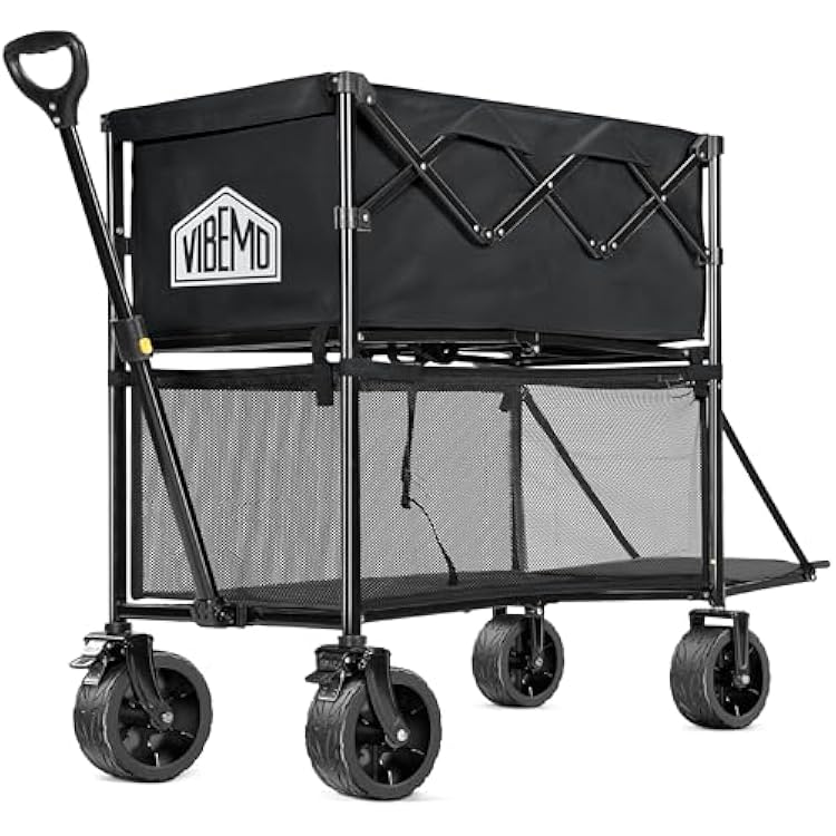 Wagon Cart, 400L Foldable Double Decker Wagon, 450lbs Heavy Duty Garden Cart, Extra-Long Extender, Large Capacity, All Terrain Big Wheels Collapsible Wagon for Camping, Sports, Shopping, Black