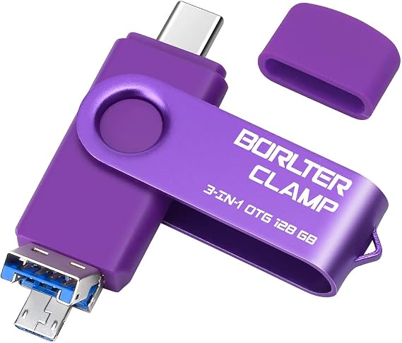 128GB USB 3.0 Flash Drive 3 in 1 Photo Stick for Android Phones, BORLTER CLAMP OTG Memory Stick with 3 USB Ports (USB C, microUSB, USB-A) for Samsung Galaxy, Tablet, PC and More (Purple)