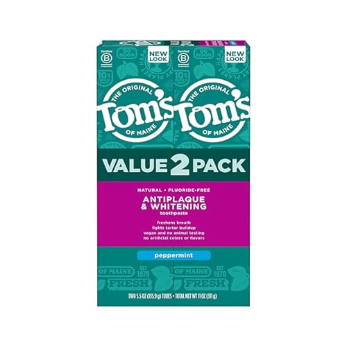 Toms of Maine Fluoride-Free Antiplaque & Whitening Natural Toothpaste, Peppermint, 5.5 oz. Pack of 2