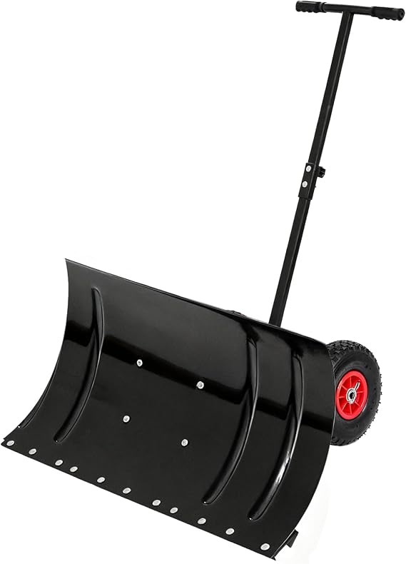 30" 2-Wheel Metal Snow Pusher,Adjustable Handle Black Snow Shovel