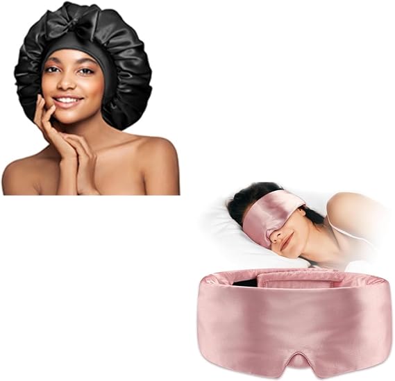 Umisleep 1Pack Soft Sleep Mask Pink and 1Pack Silk Bonnet Black
